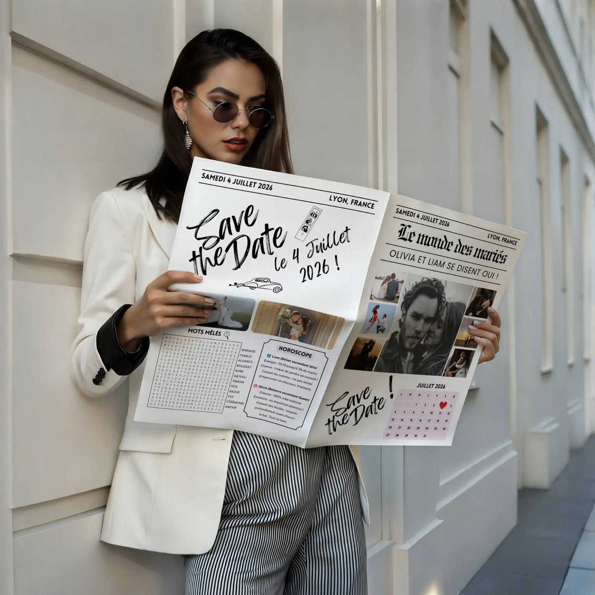 Femme brune portant des lunettes de soleil rondes, un blazer blanc et un pantalon à rayures, debout dans une rue au style urbain. Elle tient ouverte une gazette des mariés save the date.