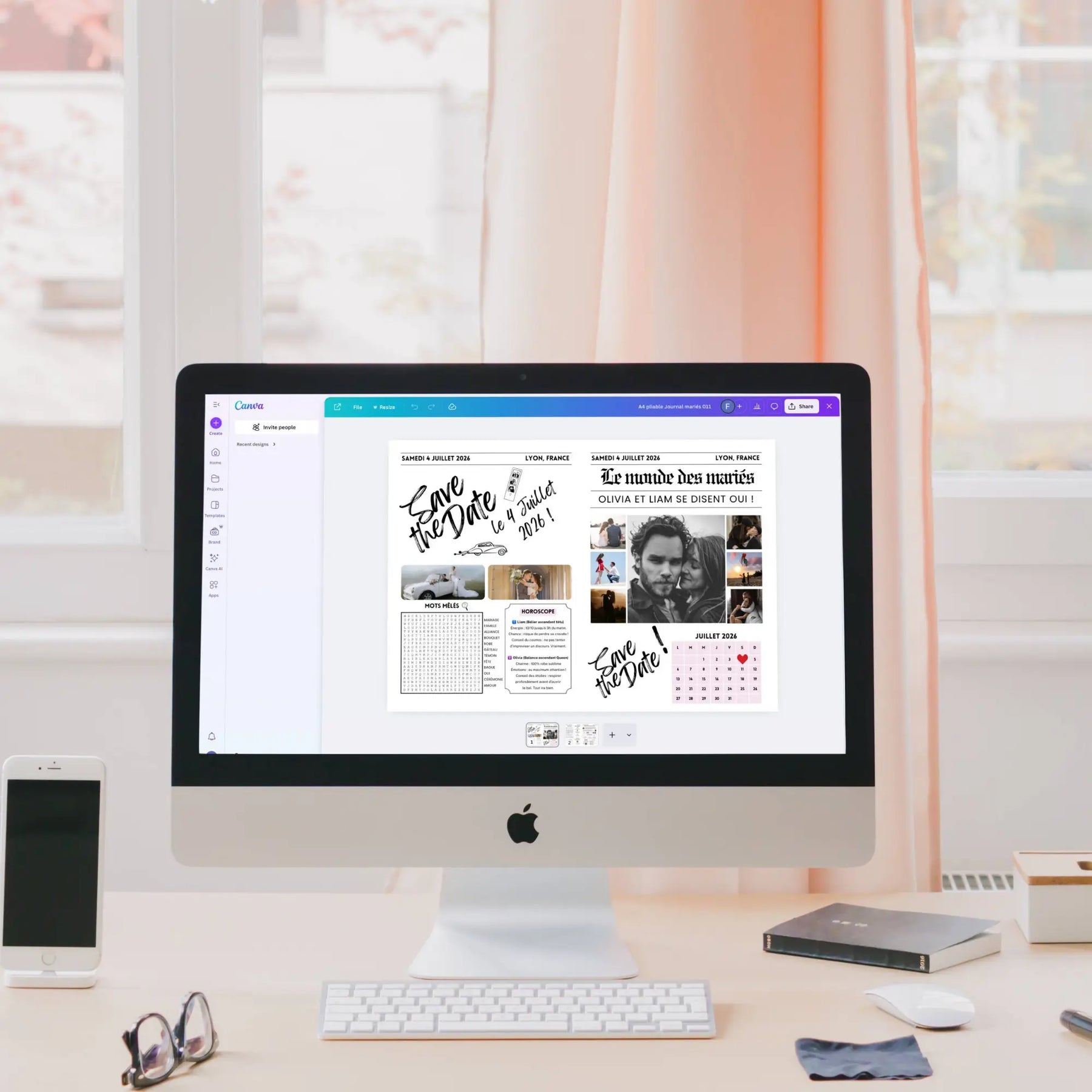 Écran d’ordinateur iMac affichant dans Canva un modèle de gazette de mariage « Save the Date »