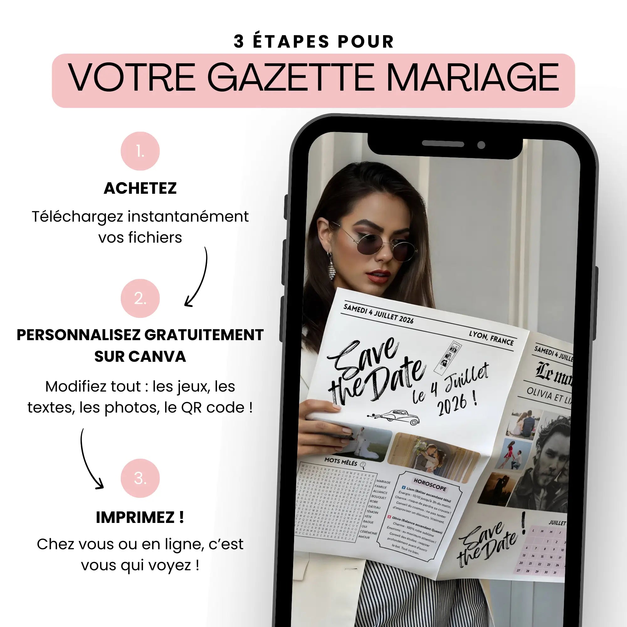 Visuel promotionnel intitulé « 3 étapes pour votre gazette des mariés save the date ». À gauche, trois étapes numérotées sont listées : 1. Achetez – Téléchargez instantanément vos fichiers ; 2. Personnalisez gratuitement sur Canva –  3. Imprimez –