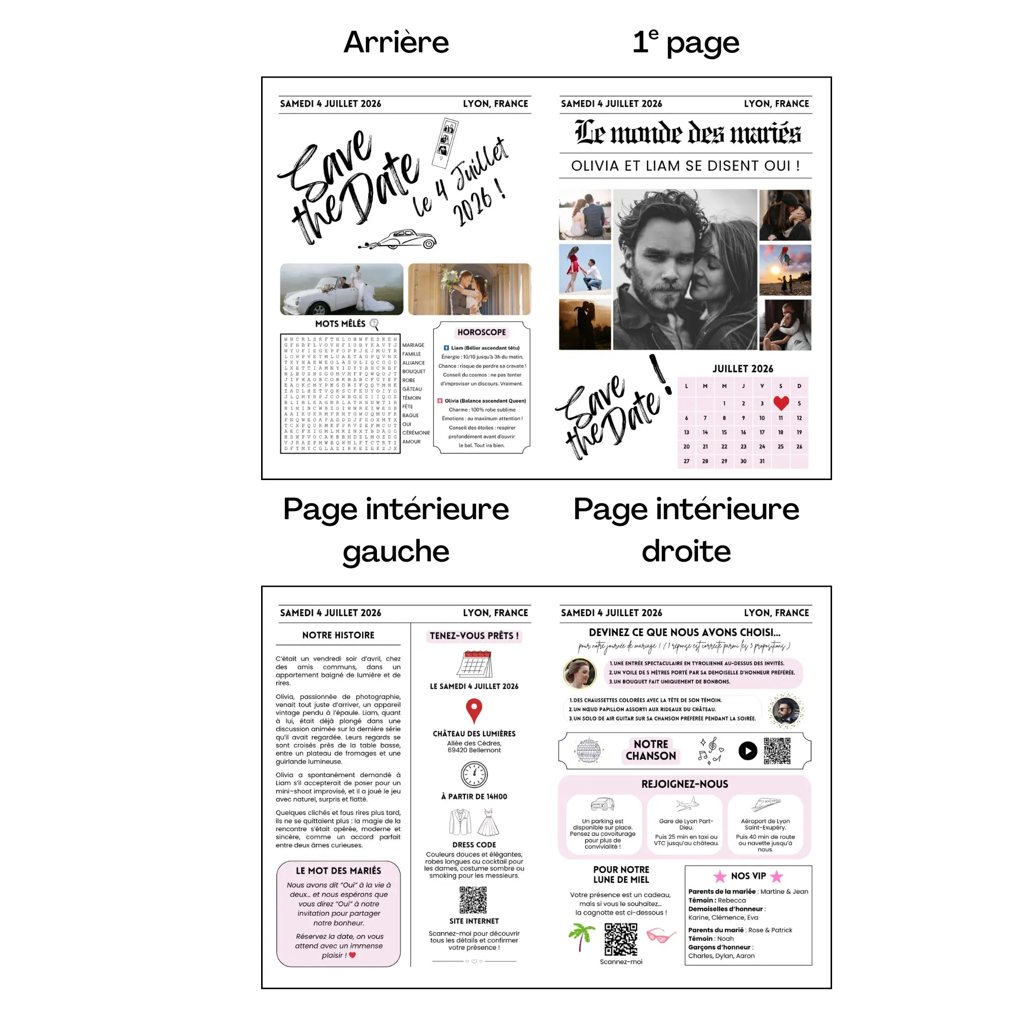 Aperçu d’une gazette de mariage « Save the Date » en double page,