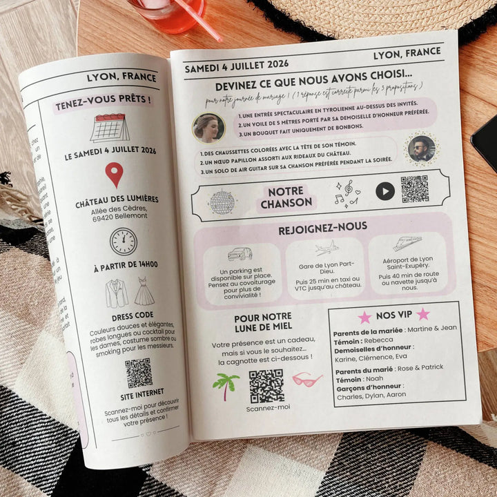 Double page intérieure d’une gazette de mariage « Save the Date » avec des jeux.