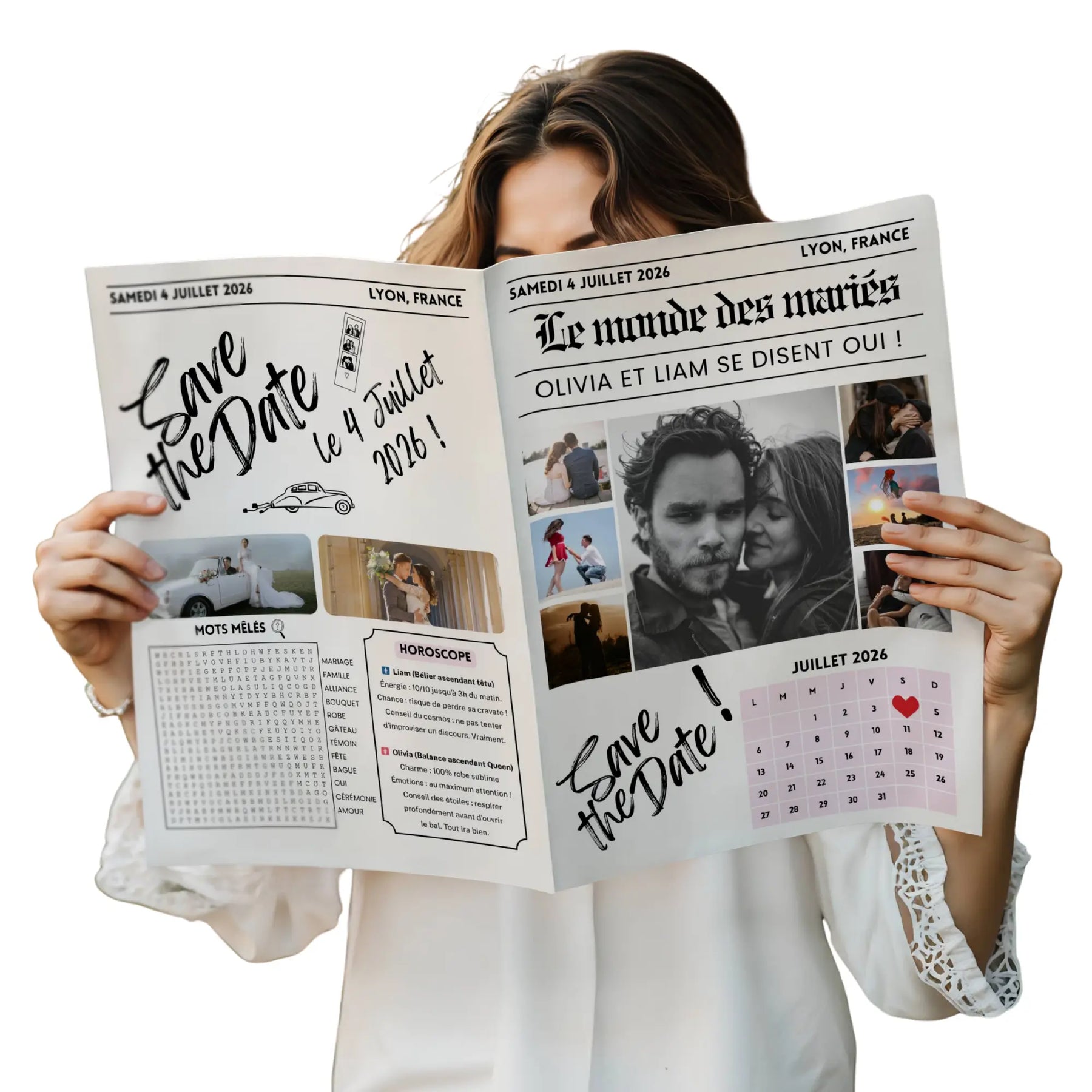 Femme tenant une gazette des mariés save the date personnalisée.