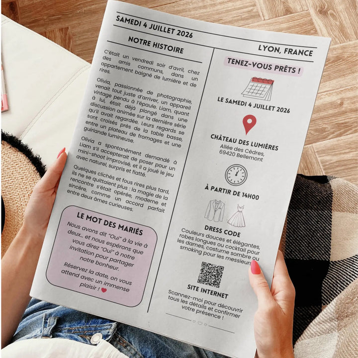 Page intérieure gauche d’une gazette de mariage « Save the Date » tenue par une personne présentant le programme du jour J.