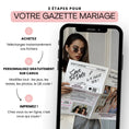 Charger l'image dans la visionneuse de la galerie, Visuel présentant les 3 étapes pour votre gazette mariage spéciale témoin. À gauche, trois étapes numérotées :

Achetez – Téléchargez instantanément vos fichiers.

Personnalisez gratuitement sur Canva – Modifiez tout : les jeux, les textes, les photos, le QR code.

Imprimez ! – Chez vous ou en ligne, c’est vous qui voyez.
