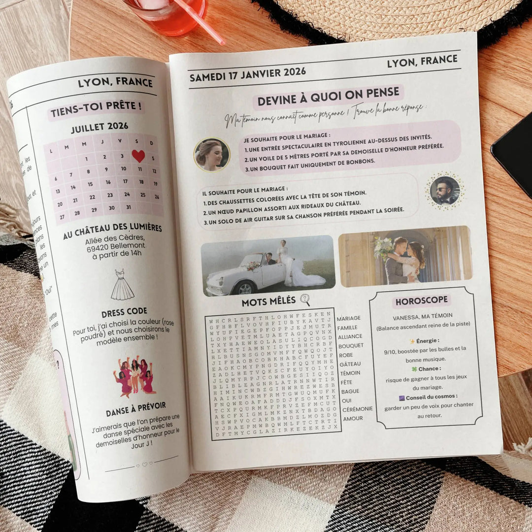 Double page ouverte d’une gazette personnalisée des mariés spéciale témoins présentant des jeux.