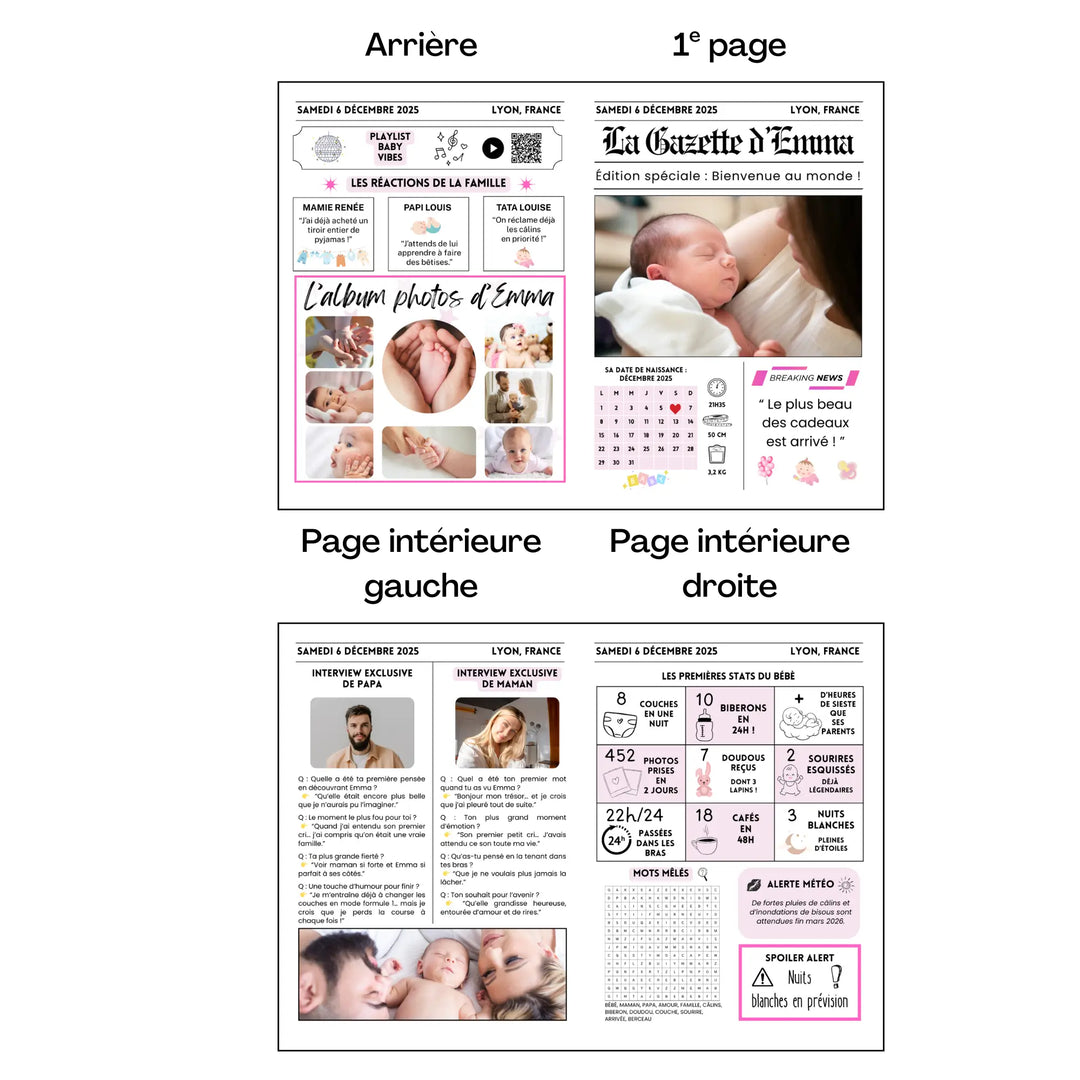 Gazette naissance moderne personnalisable en 4 pages avec photos, interviews des parents et souvenirs de bébé