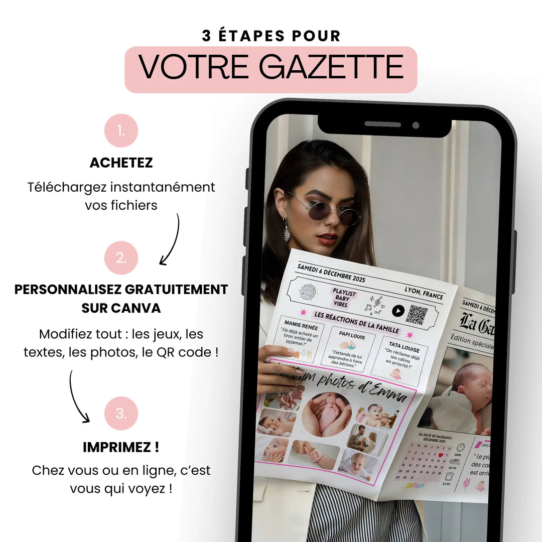 Modèle de gazette de naissance moderne personnalisable sur Canva en trois étapes simples achat, édition et impression