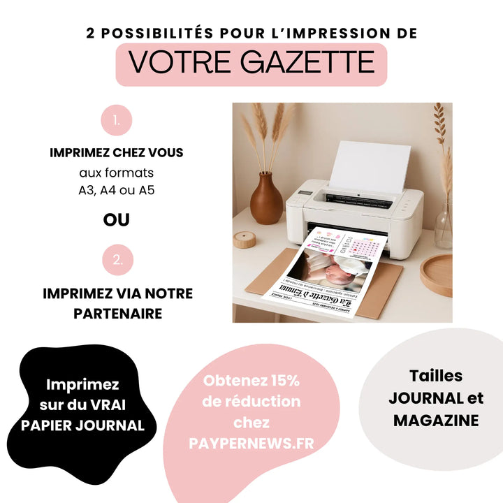 Gazette de naissance moderne en cours d’impression sur imprimante à domicile avec options papier journal et format magazine