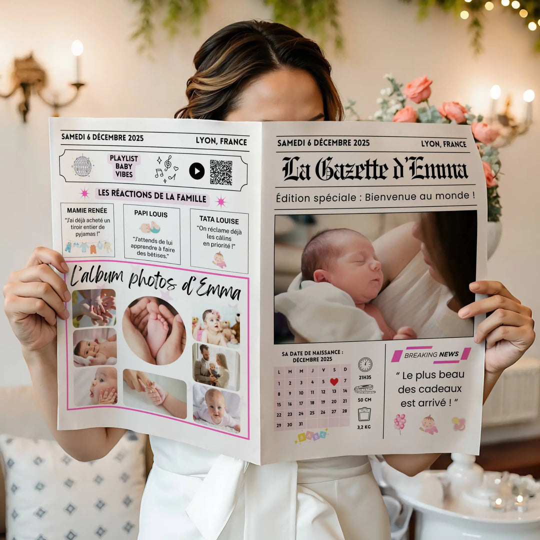 Gazette naissance moderne personnalisable avec photos de bébé et famille pour annoncer la naissance de façon originale