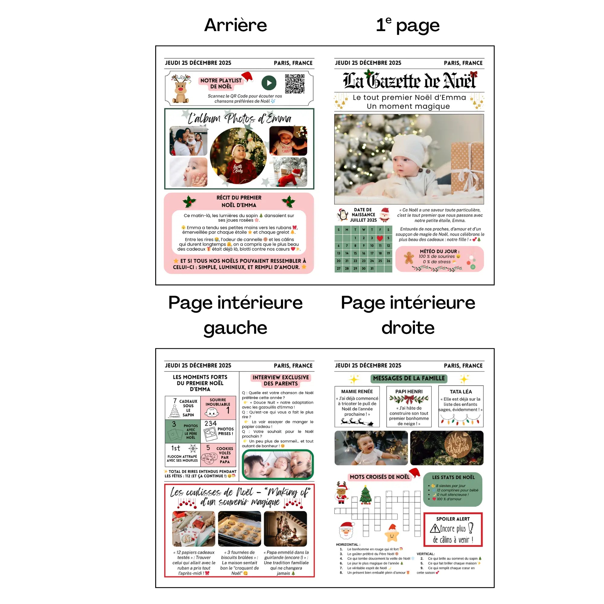 Aperçu complet de la gazette personnalisable du premier Noël enfant, modèle Canva en quatre pages à imprimer.