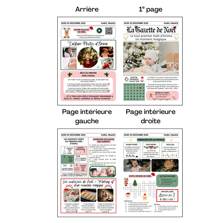 Aperçu complet de la gazette personnalisable du premier Noël enfant, modèle Canva en quatre pages à imprimer.