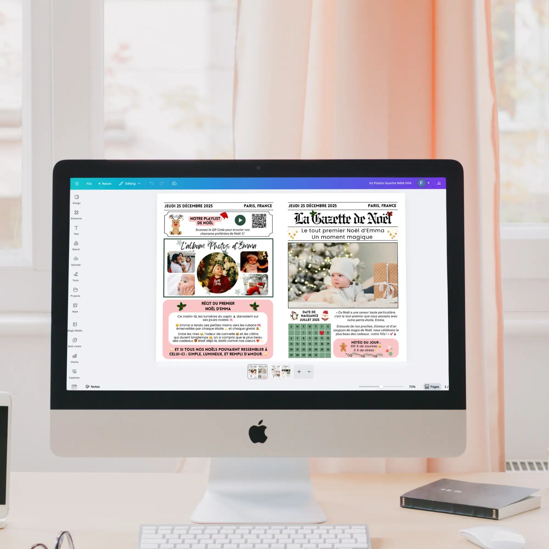 Gazette du premier Noël de bébé en cours de personnalisation sur Canva, affichée sur ordinateur.
