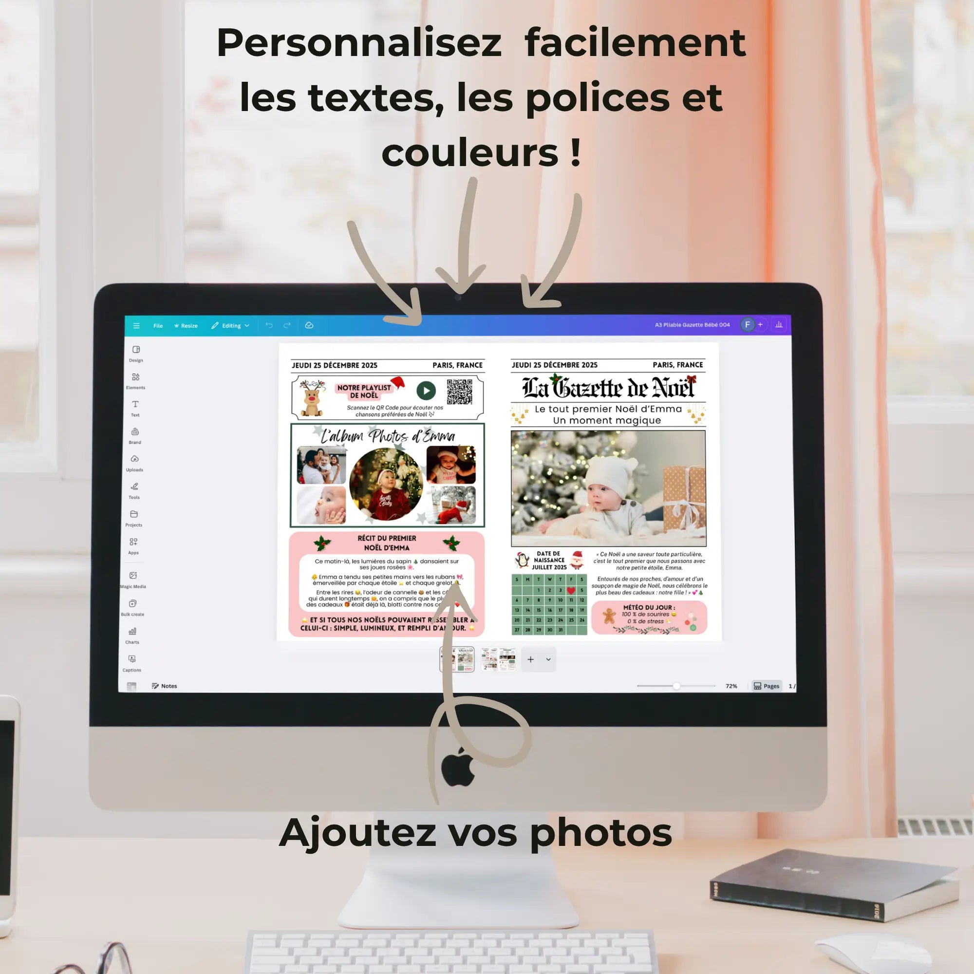 Cadeau de Noël personnalisé pour bébé fille dans Canva sur ordinateur.