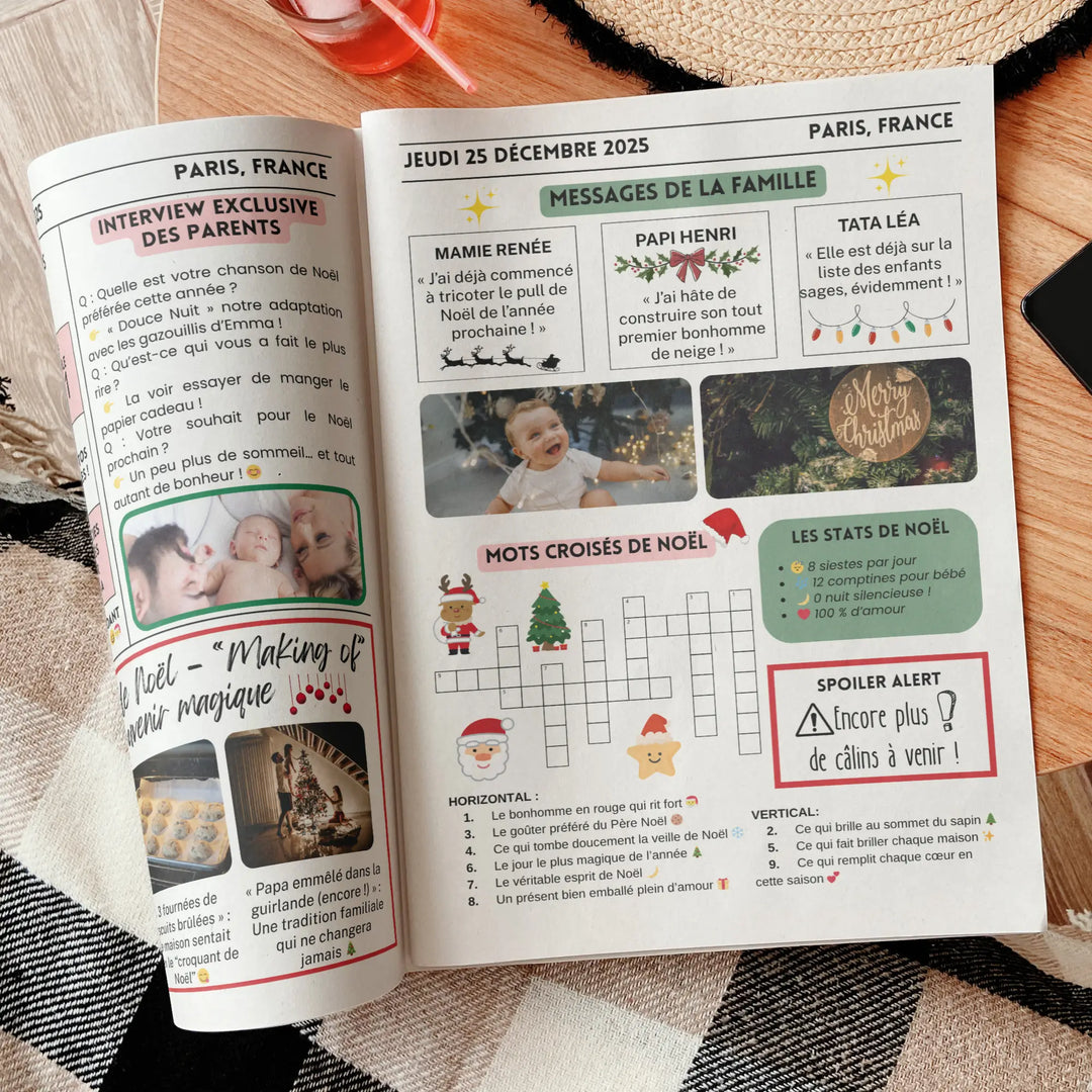 Gazette personnalisable du premier Noël de bébé, avec mots croisés bébé, modèle Canva à imprimer comme souvenir de bébé.