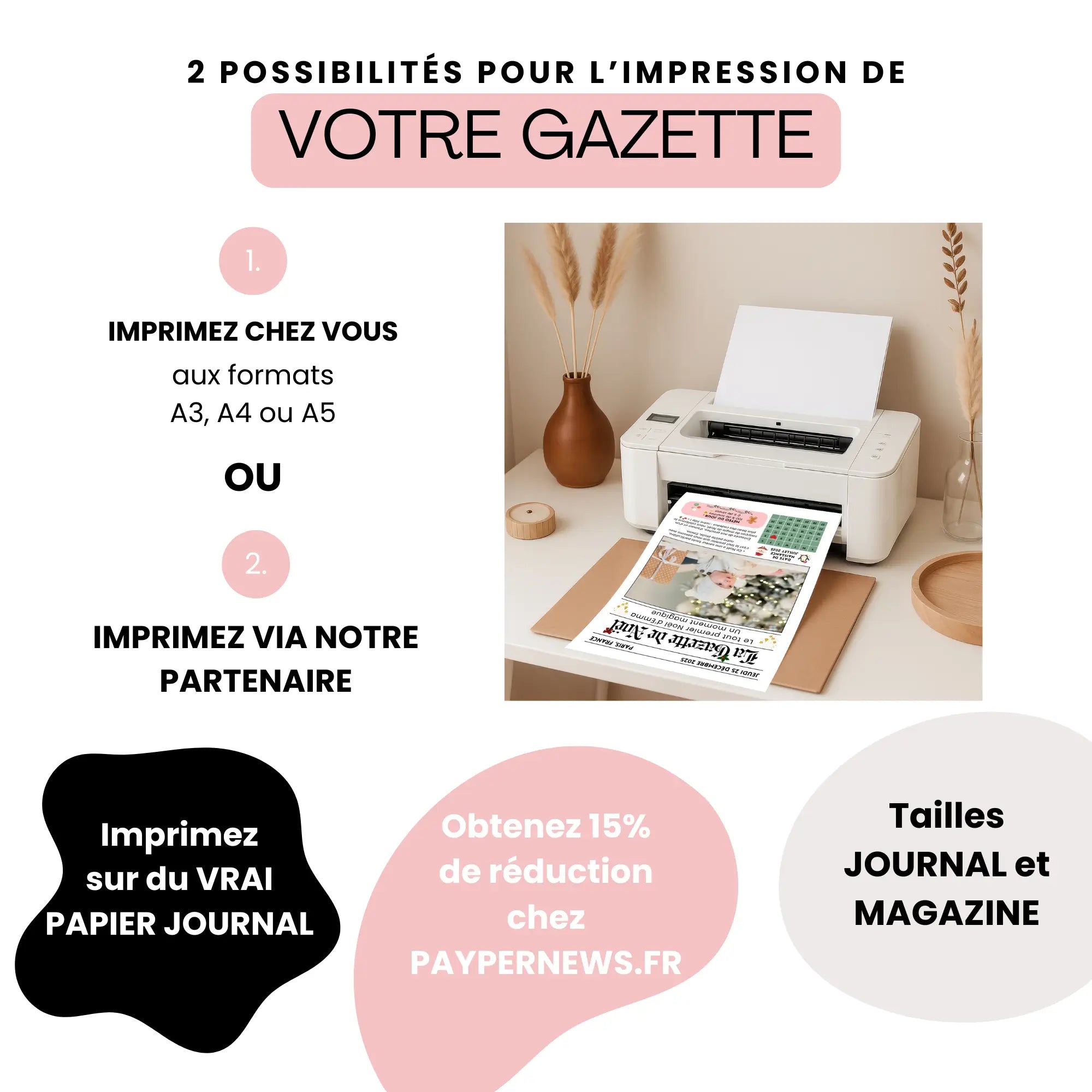 Options d’impression pour la gazette du premier Noël de bébé : impression maison aux formats A3, A4, A5 ou impression professionnelle sur vrai papier journal via Paypernews.