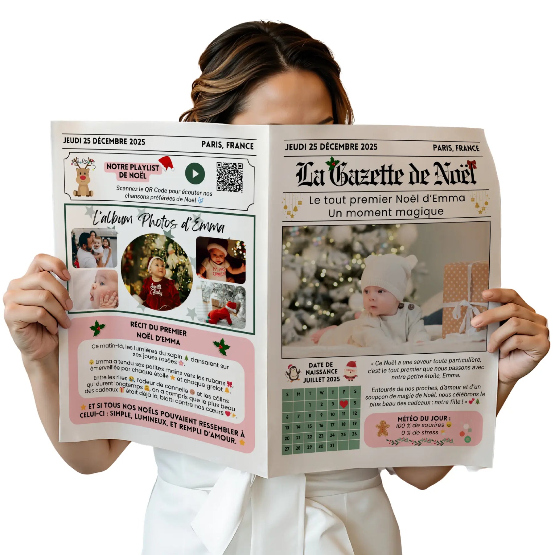 Gazette personnalisable du premier Noël de bébé garçon, tenue entre les mains, avec photos de l’enfant, QR code playlist à imprimer.