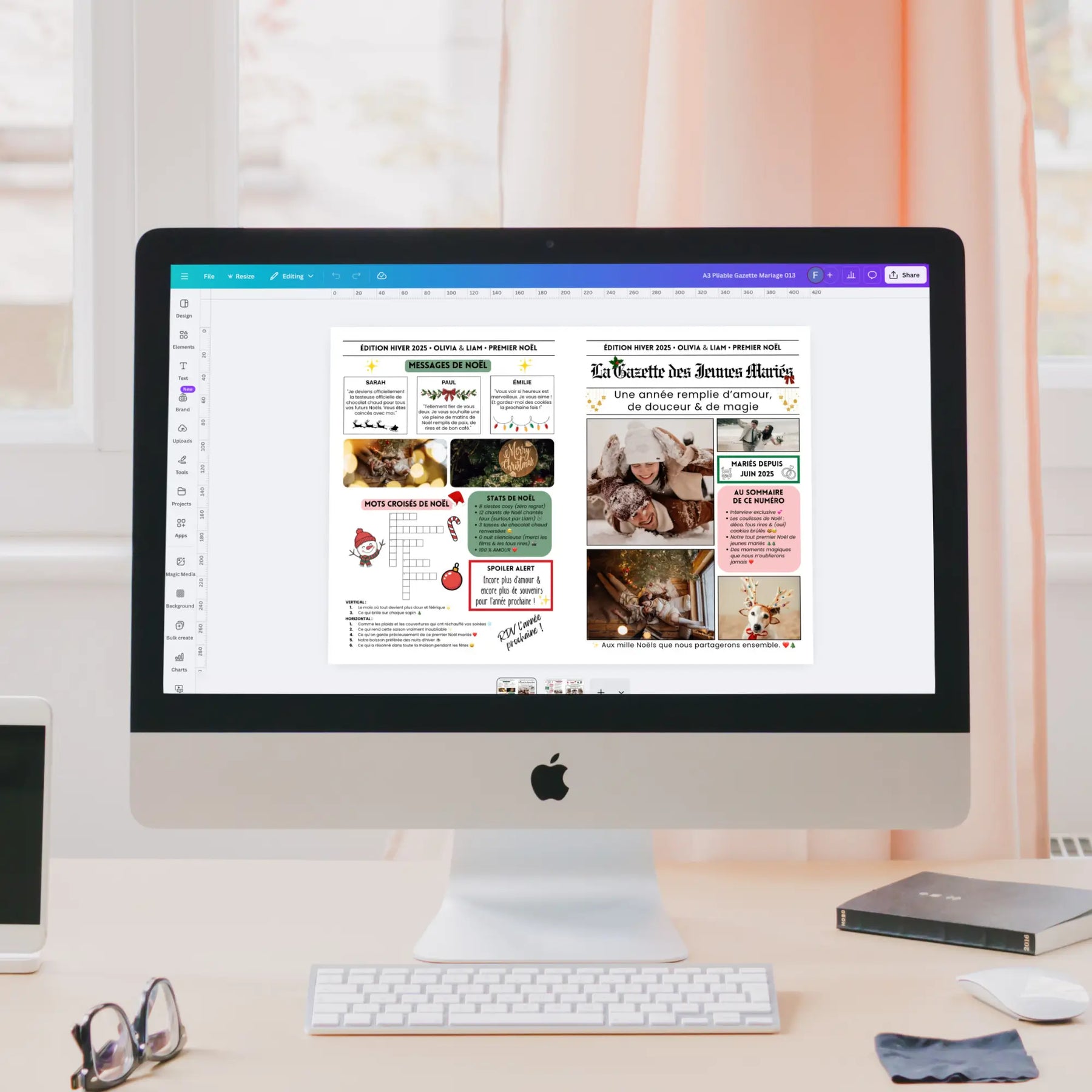 Vu sur un écran Canva montrant la personnalisation facile de la gazette des mariés.