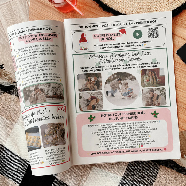 Une gazette de Noël personnalisée pour jeunes mariés, idéale pour raconter votre premier hiver ensemble avec photos, anecdotes et souvenirs magiques.