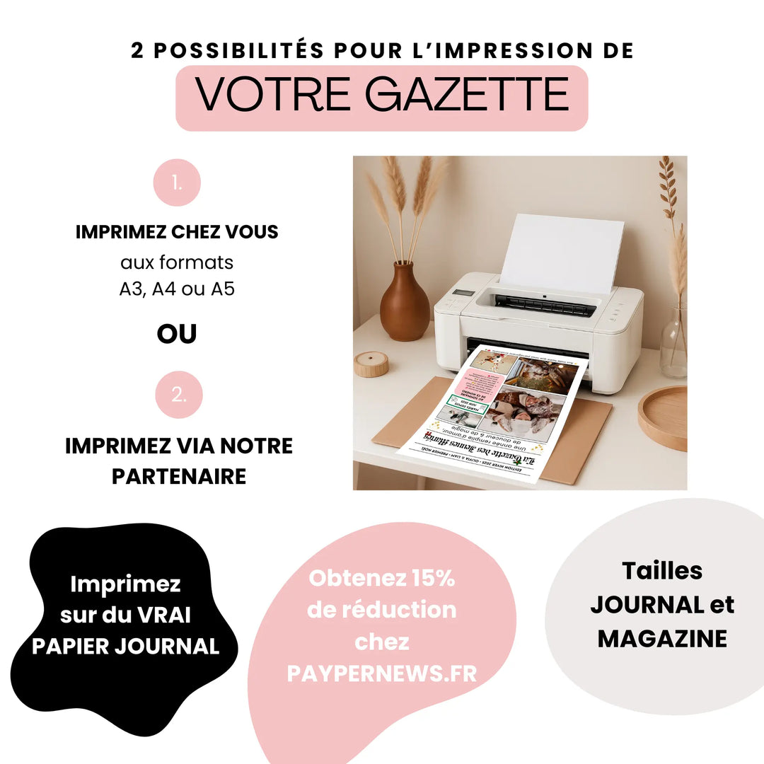 Deux options simples pour imprimer votre gazette personnalisée : à la maison en A3/A4/A5 ou sur vrai papier journal via notre partenaire.