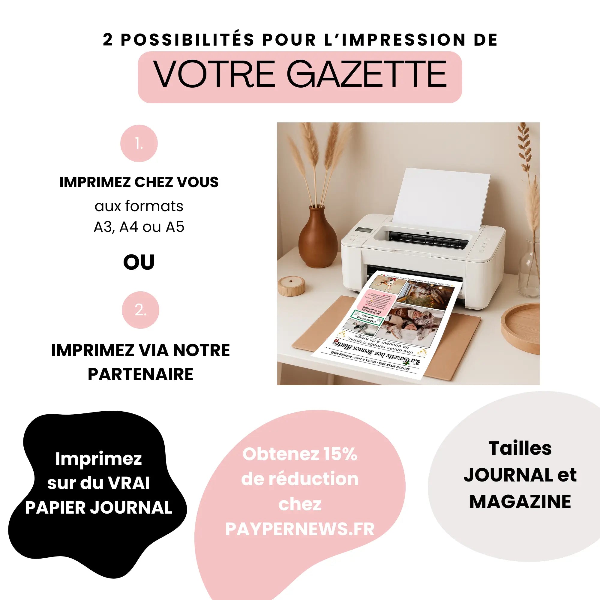 Deux options simples pour imprimer votre gazette personnalisée : à la maison en A3/A4/A5 ou sur vrai papier journal via notre partenaire.