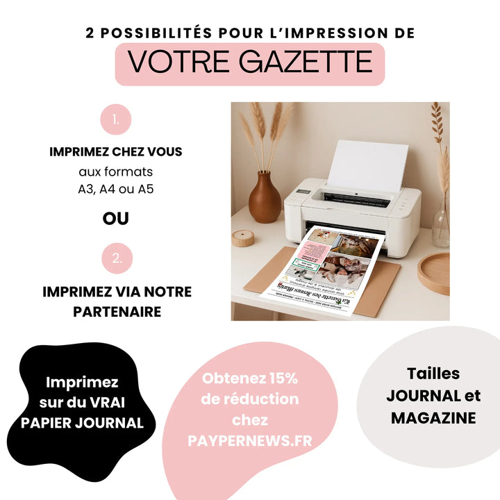 Deux options simples pour imprimer votre gazette personnalisée : à la maison en A3/A4/A5 ou sur vrai papier journal via notre partenaire.
