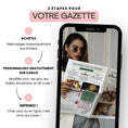 Charger l'image dans la visionneuse de la galerie, Visuel présentant les 3 étapes simples pour créer votre modèle de gazette personnalisée : acheter, modifier sur Canva (textes, jeux, photos, QR code) puis imprimer votre journal souvenir à la maison ou en ligne.

