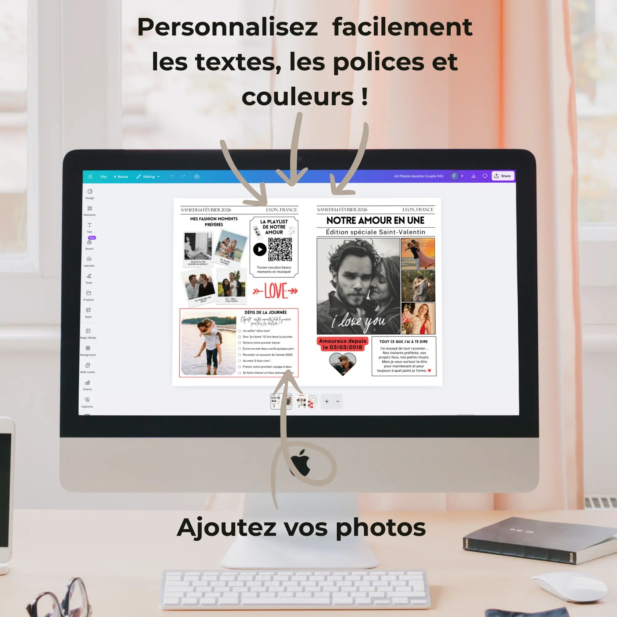 Écran d’ordinateur affichant un journal personnalisé spécial Saint-Valentin, montrant comment modifier les textes et ajouter ses photos pour créer un cadeau couple unique.