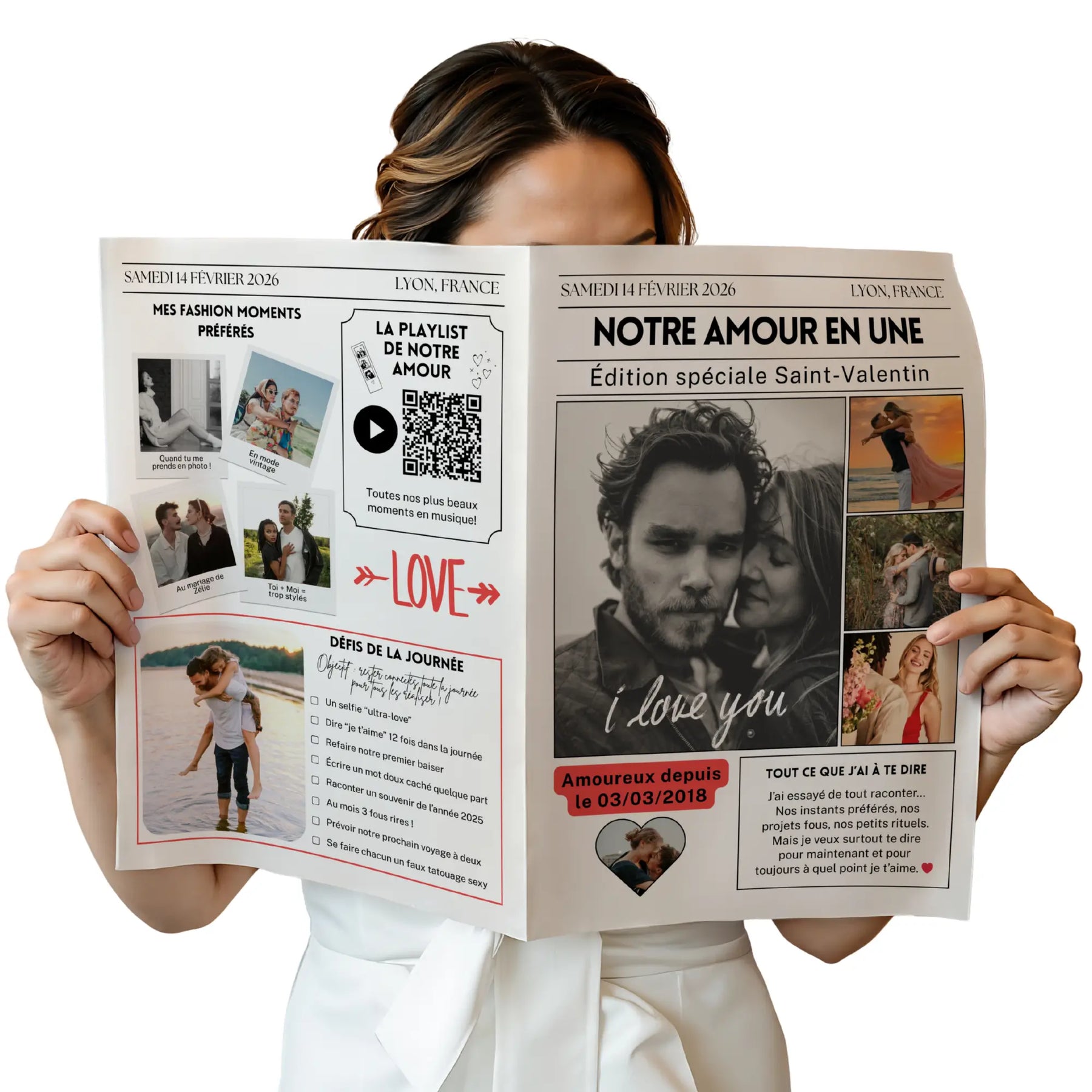 Journal personnalisé spécial Saint-Valentin tenu dans les mains, avec photos de couple, playlist et mots doux — une idée cadeau romantique pour lui.