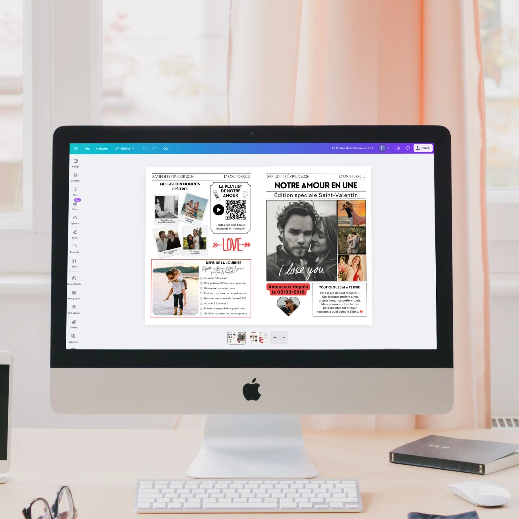 Écran Canva affichant un journal personnalisé spécial Saint-Valentin, une idée cadeau romantique et originale pour lui.