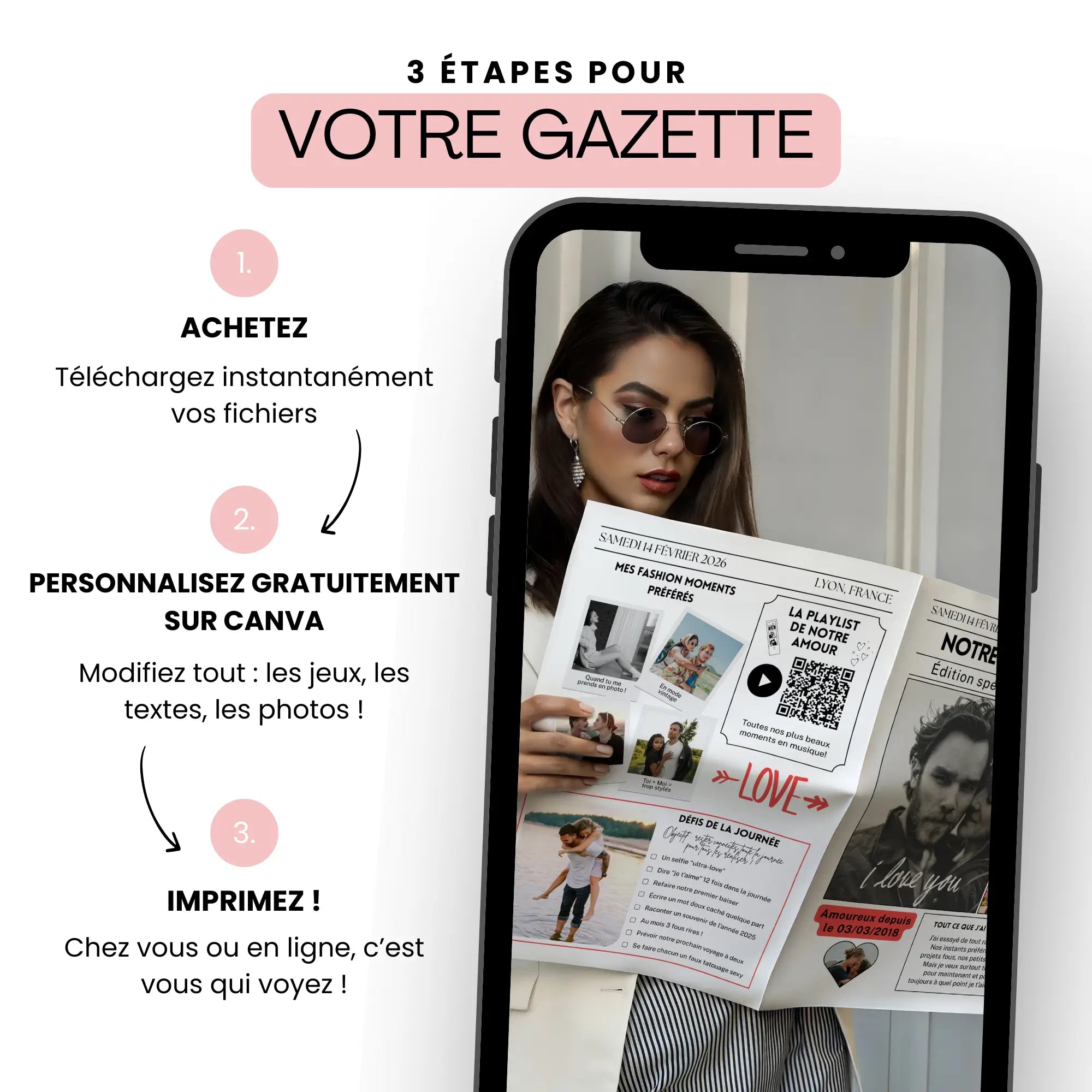 Femme tenant un journal personnalisé de Saint-Valentin, un cadeau couple original et facile à créer sur Canva avant de l’imprimer.