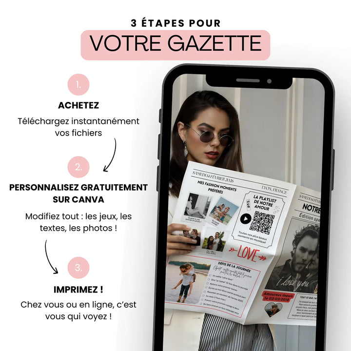 Femme tenant un journal personnalisé de Saint-Valentin, un cadeau couple original et facile à créer sur Canva avant de l’imprimer.