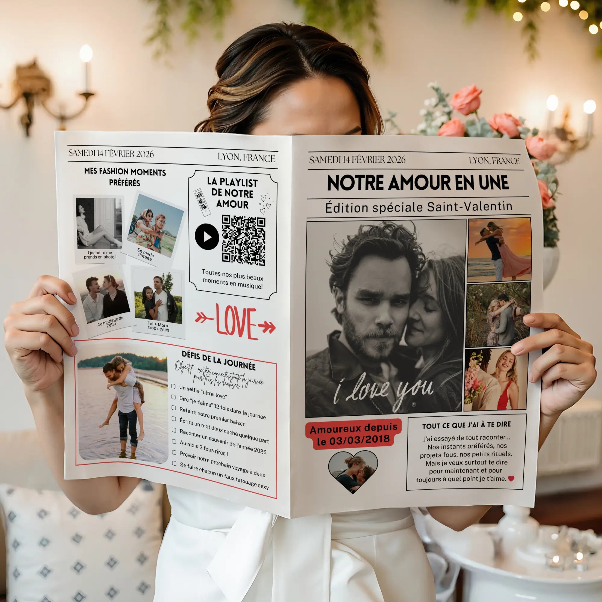 Femme lisant un journal personnalisé spécial Saint-Valentin, un cadeau pour lui rempli de souvenirs et photos de couple.