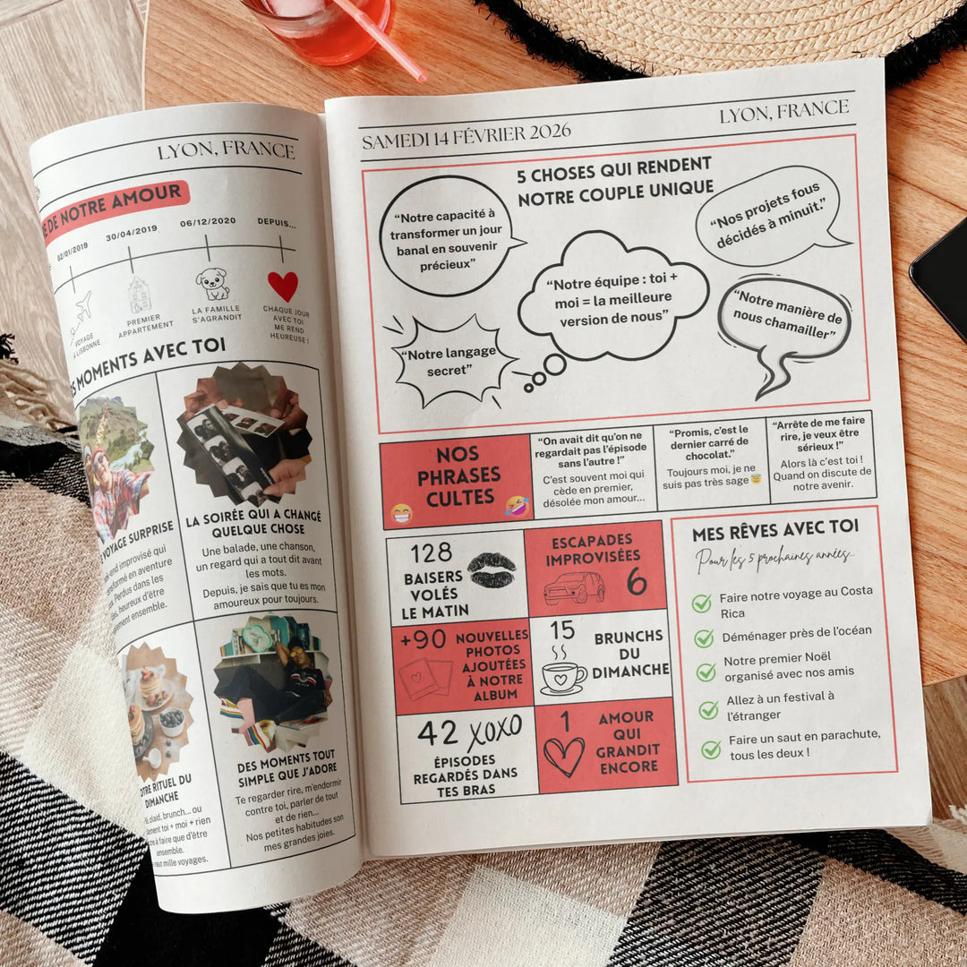 Journal personnalisé de Saint-Valentin ouvert, rempli de souvenirs de couple, de moments préférés et d’idées de rêves à deux, une belle surprise en cadeau pour lui.