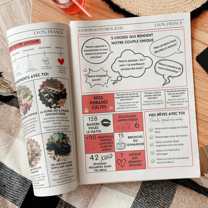 Journal personnalisé de Saint-Valentin ouvert, rempli de souvenirs de couple, de moments préférés et d’idées de rêves à deux, une belle surprise en cadeau pour lui.