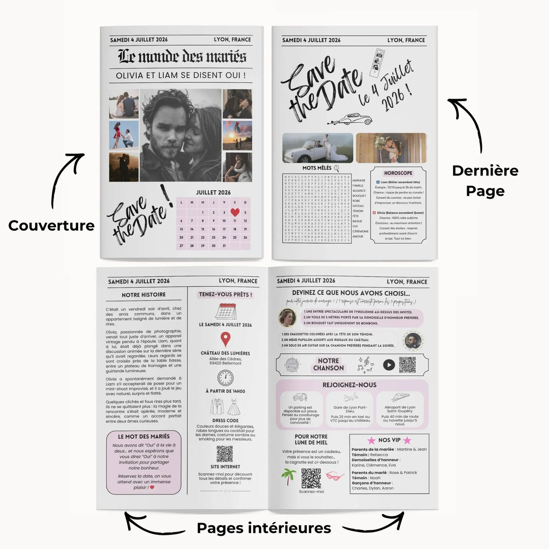 Contenu des 4 pages du journal personnalisé mariage save the date, modèle canva facile à modifier.