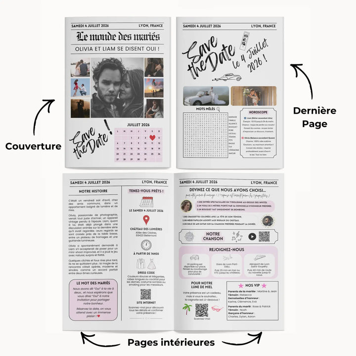 Contenu des 4 pages du journal personnalisé mariage save the date, modèle canva facile à modifier.