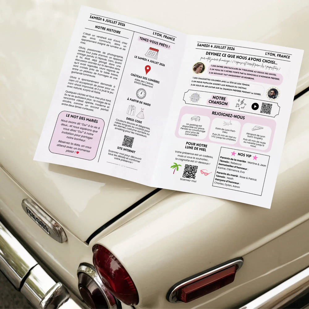 Photo d'une gazette mariage save the date ouverte sur le capot d'une voiture de collection. Un journal diy, modele canva pour faire un cadeau invité pas cher.