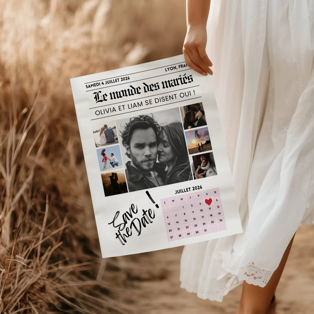 Photo d'une femme tenant dans la main la gazette save the date mariage, un journal personnalisé par le couple qui l'annonce parfaite pour le mariage.