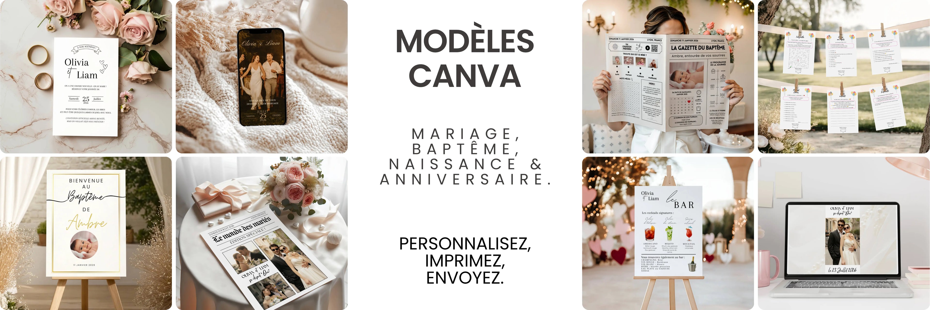 Bannière Template Boutique Cie présentant des modèles Canva personnalisables pour mariage, baptême, naissance et anniversaire : invitations, gazettes, plans de table et affiches à imprimer.