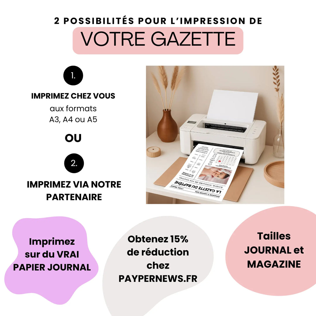 Comment imprimer votre gazette baptême aux formats a4, a5, journal et magazine.