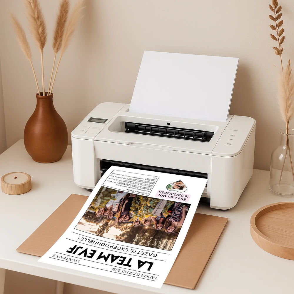 Une imprimant en train d'imprimer une gazette evjf personnalisée au format A4