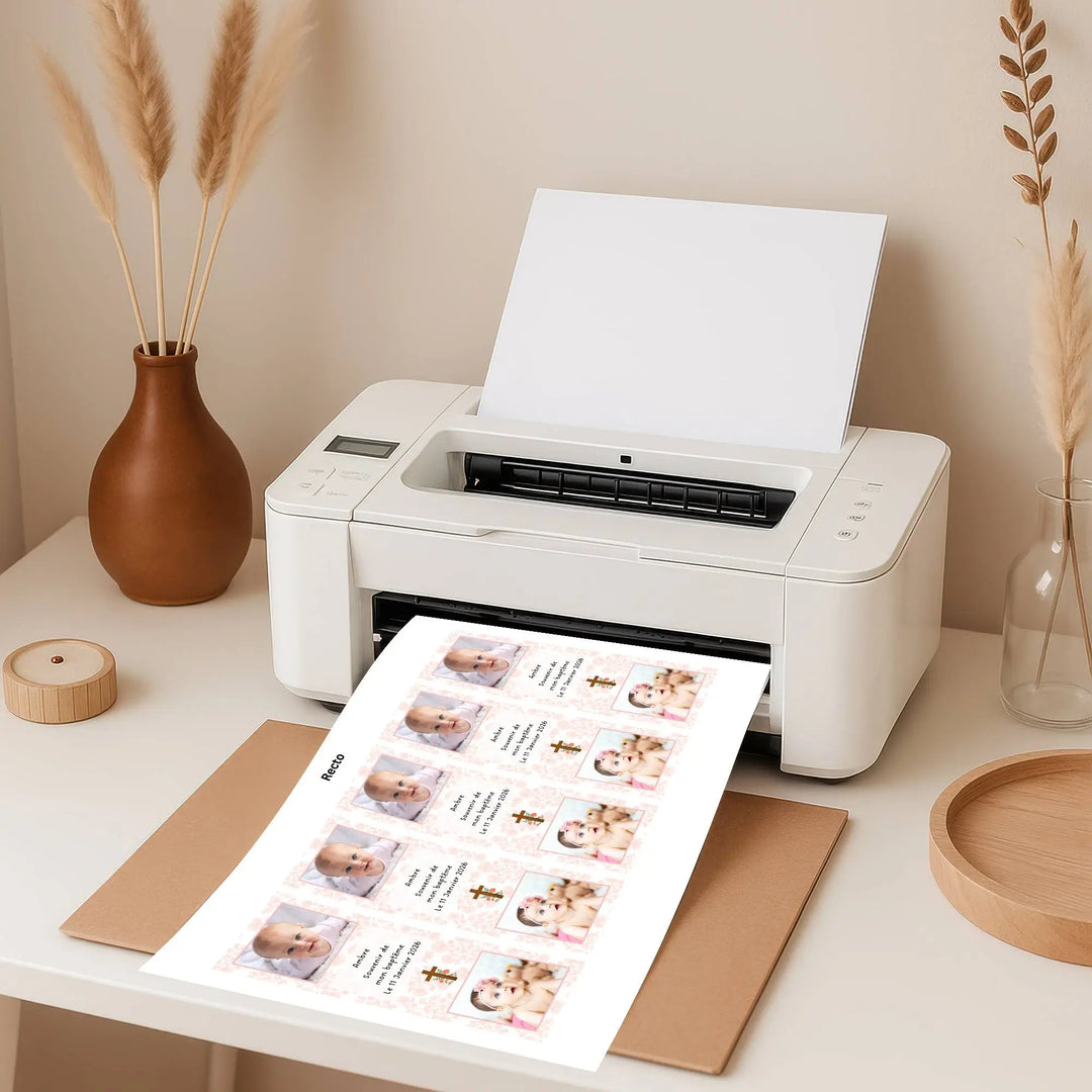 Imprimante en train d'imprimer une planche de marque-pages baptême fille. Un beau cadeau invité baptême.