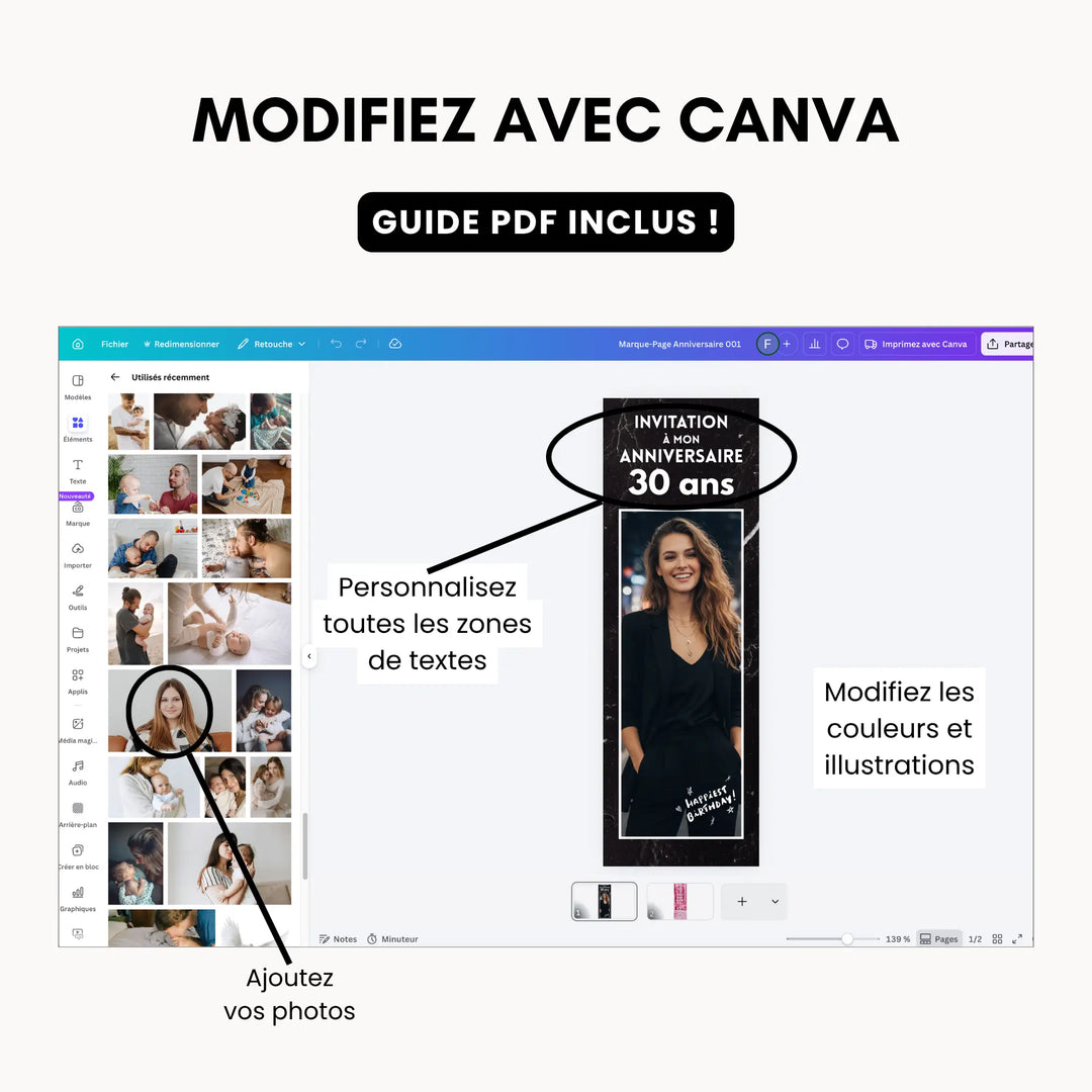 Ecran Canva qui montre les personnalisations possibles et faciles pour une invitation d&