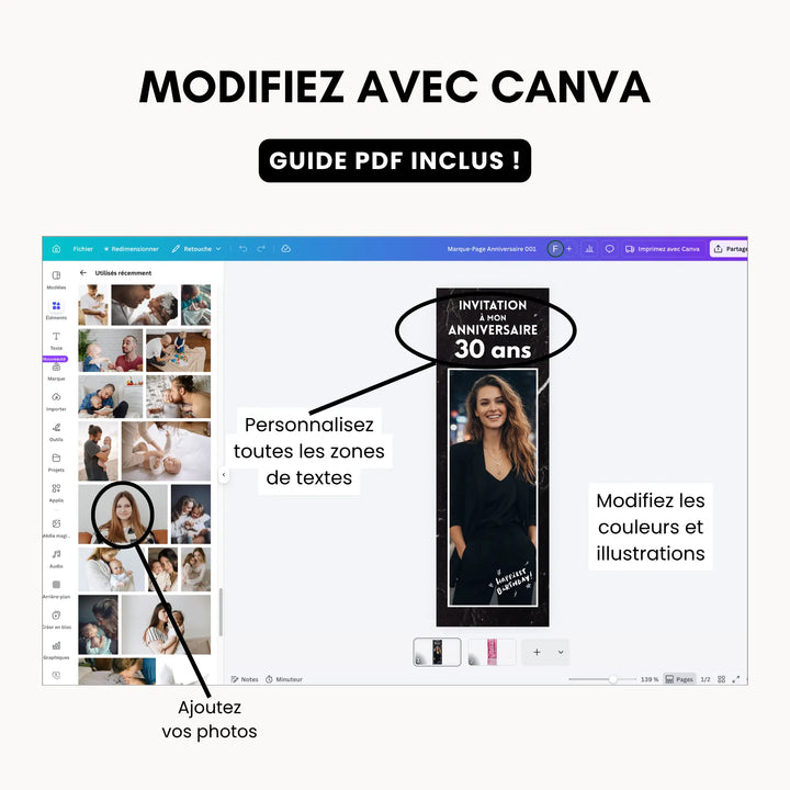 Ecran Canva qui montre les personnalisations possibles et faciles pour une invitation d&