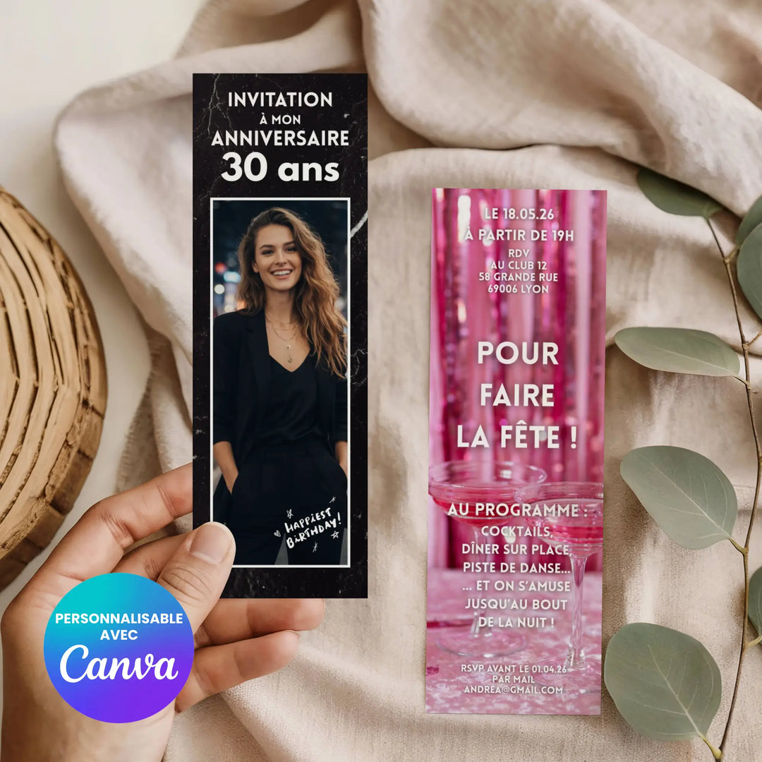 Photo d'un marque-page servant d'invitation d'anniversaire 30 ans personnalisée.