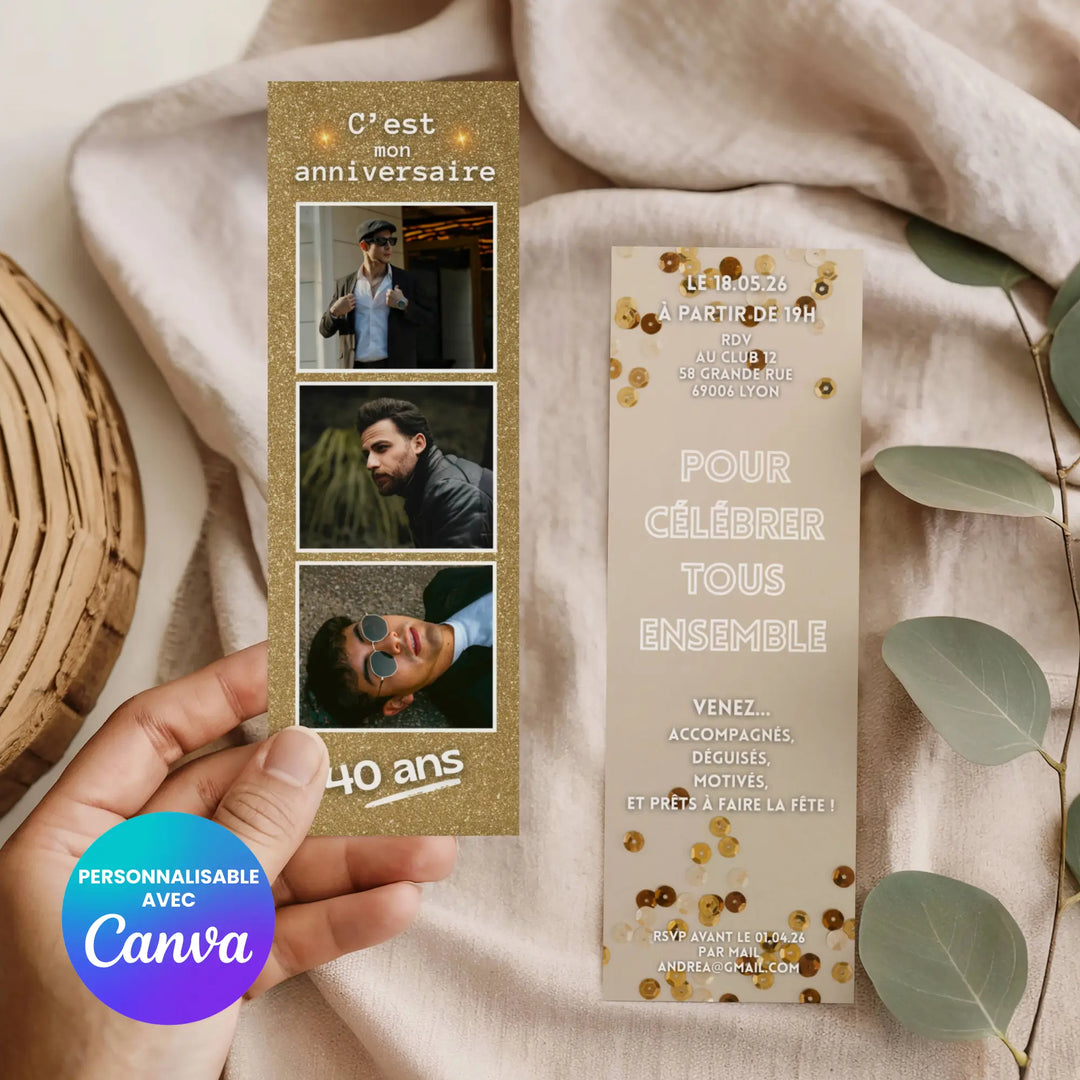 Photo d'un marque-page servant d'invitation personnalisée pour anniversaire adulte.