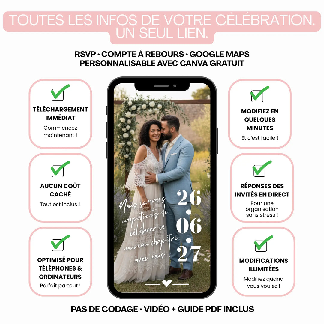 Comment personnaliser son invitation digitale renouvellement voeux de mariage avec RSVP dans Canva.