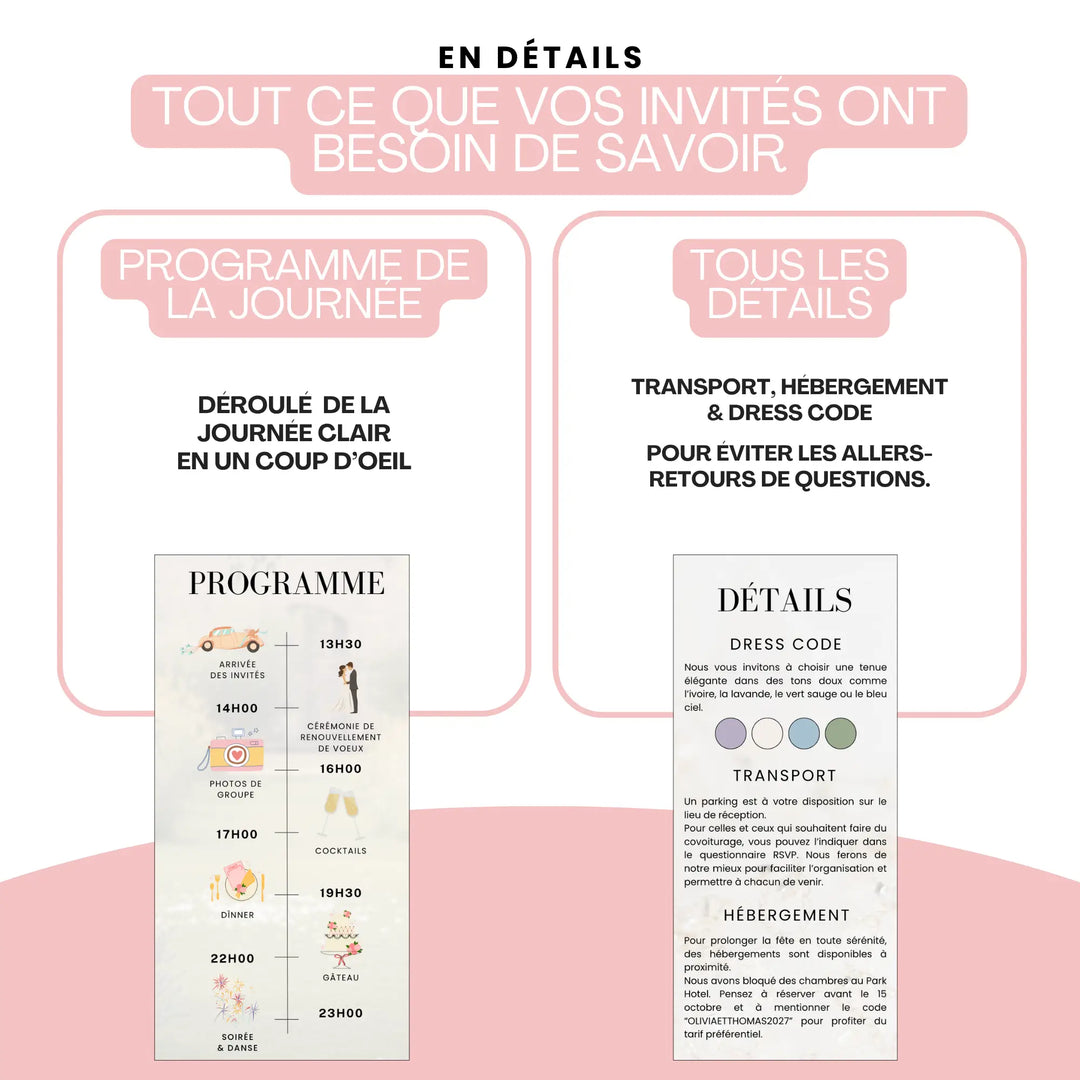 Faire-part personnalisé renouvellement de voeux mariage avec programme et détails de la cérémonie.