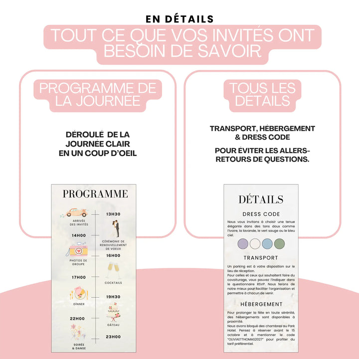 Faire-part personnalisé renouvellement de voeux mariage avec programme et détails de la cérémonie.