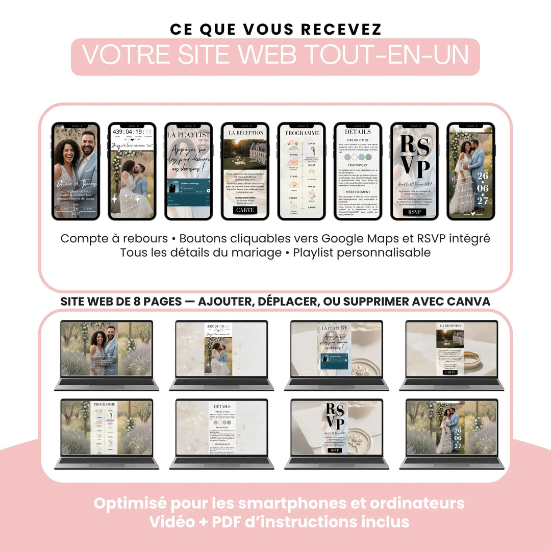 Tous les écrans du faire-part digital personnalisable pour invitation renouvellement de voeux mariage. Facile à personnaliser avec Canva.